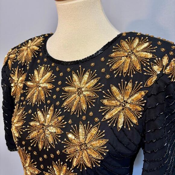 Vintage Jennifer Black & Gold Beaded Cocktail Dress, size small - Picture 2 of 15